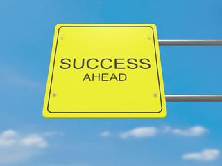 Fototapeta premium Yellow Road Sign Success Ahead Against A Cloudy Sky, 3d illustration