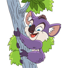 Cute and happy cartoon koala bear climbing the tree, isolated on white background. Childish vector illustration and colorful book page for kids.