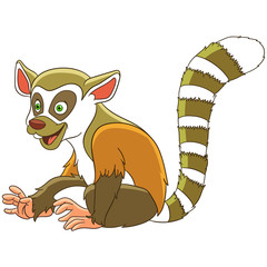 Cute and happy cartoon lemur animal, isolated on white background. Childish vector illustration and colorful book page for kids. © Sybirko