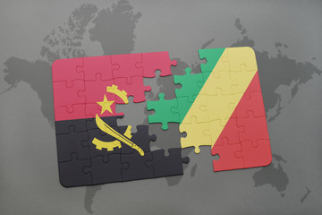 puzzle with the national flag of angola and republic of the congo on a world map.