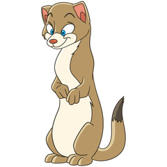 Cute and happy cartoon weasel animal, isolated on white background. Childish vector illustration and colorful book page for kids.