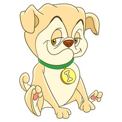 Cute and happy cartoon pug puppy dog, isolated on white background. Childish vector illustration and colorful book page for kids.