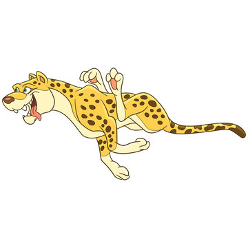 Cute and fast cartoon cheetah animal isolated on white background. Childish vector illustration and colorful book page for kids.