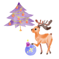 Colorful original set of Christmas tree with decor and deer drawn by acrylic paint, watercolor and pencil for holiday celebration