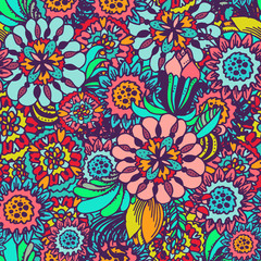 Flowers doodle - hand drawn vector seamless pattern. Sketched flowers, leaves and blossoms illustration for fabric, wallpaper or wrapping paper