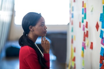 Young woman reading sticky notes on white board