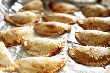 Pumpkin pies made by hand.