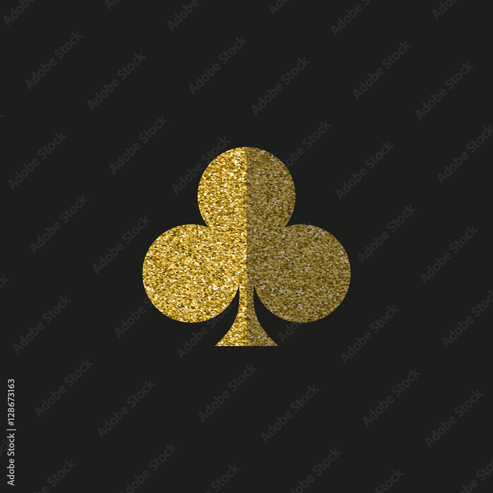 Poster Poker and Casino. Clubs symbol in gold confetti on a dark background. Pattern sparkles filling icon. Gold Ace of clubs.