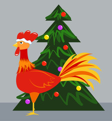 Obraz na płótnie Canvas Red Rooster and Christmas tree