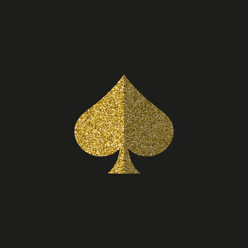 Poker and Casino. spades symbol in gold confetti on a dark background.  Pattern sparkles filling icon. Gold Ace of spades. Stock Vector