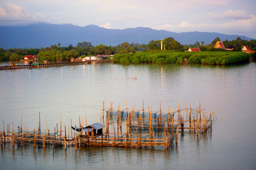 Fototapeta premium Fishing traps in Net Fishing Thailand, Thailand Shrimp Fishing.