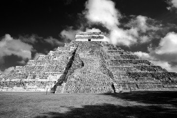 Famous Mayan pyramid at Chichen Itza archeological site in BW
