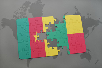 puzzle with the national flag of cameroon and benin on a world map.