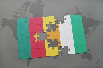 puzzle with the national flag of cameroon and cote divoire on a world map.