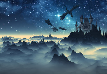 Naklejka premium 3D Stworzony i renderowany fantasy Krajobraz ze smokami i zamkiem