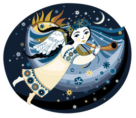 Beautiful angel with the trumpet flying in the night sky clouds. Vector illustration.