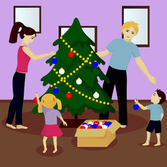Family decorate Christmas tree