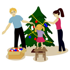 Family decorate Christmas tree isolated on white