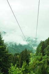 funicular cables over a green forest in a cloudy day