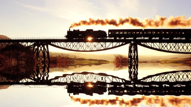 romantic scene of nostalgic locomotive crossing bridge reflecting in water lake.