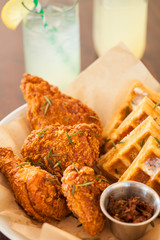 fried chicken and waffles with a glass of lemonade, The Spoon Trade American Eatery, Grover Beach, California © Chuck Place