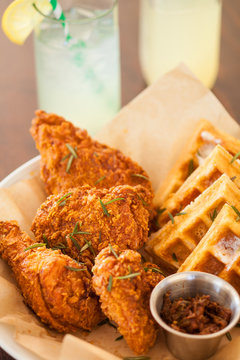fried chicken and waffles with a glass of lemonade, The Spoon Trade American Eatery, Grover Beach, California
