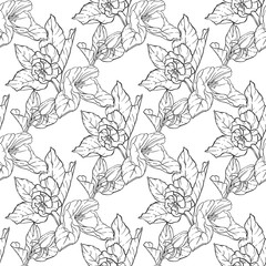 Seamless pattern with apple blossom. Round kaleidoscope of flowers and floral elements