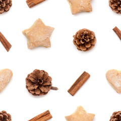 Pine cone, cinnamon, cookies christmas collection pattern,  New year tree seamless ornament for design, print or background