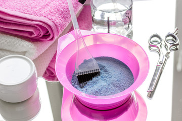 hairdresser working desk preparation for hair dyeing