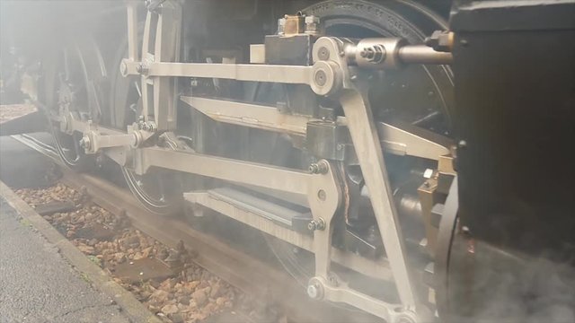 old technology background of steam engine wheels. slow motion smoke.