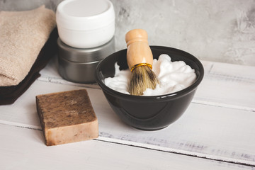 Wooden desktop with tools for shaving beards
