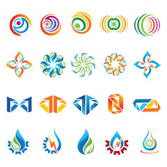 logo vector set mixed flowers, leaves, gear, lightning, water, oil, letter