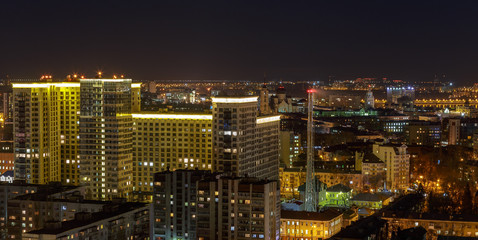 Fototapeta na wymiar Top view of night Voronezh city. Skyline panorama. copy space