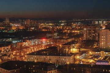 City at night, panoramic scene of Voronezh.   night lights, modern houses, skysc