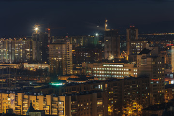 City at night, panoramic scene of Voronezh.   night lights, modern houses