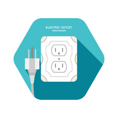 Electric outlet type B vector isolated icon with gray plug on the turquoise hexagon background with shadow.