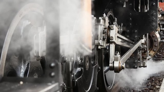 old technology background. steam train wheels close up. locomotive.