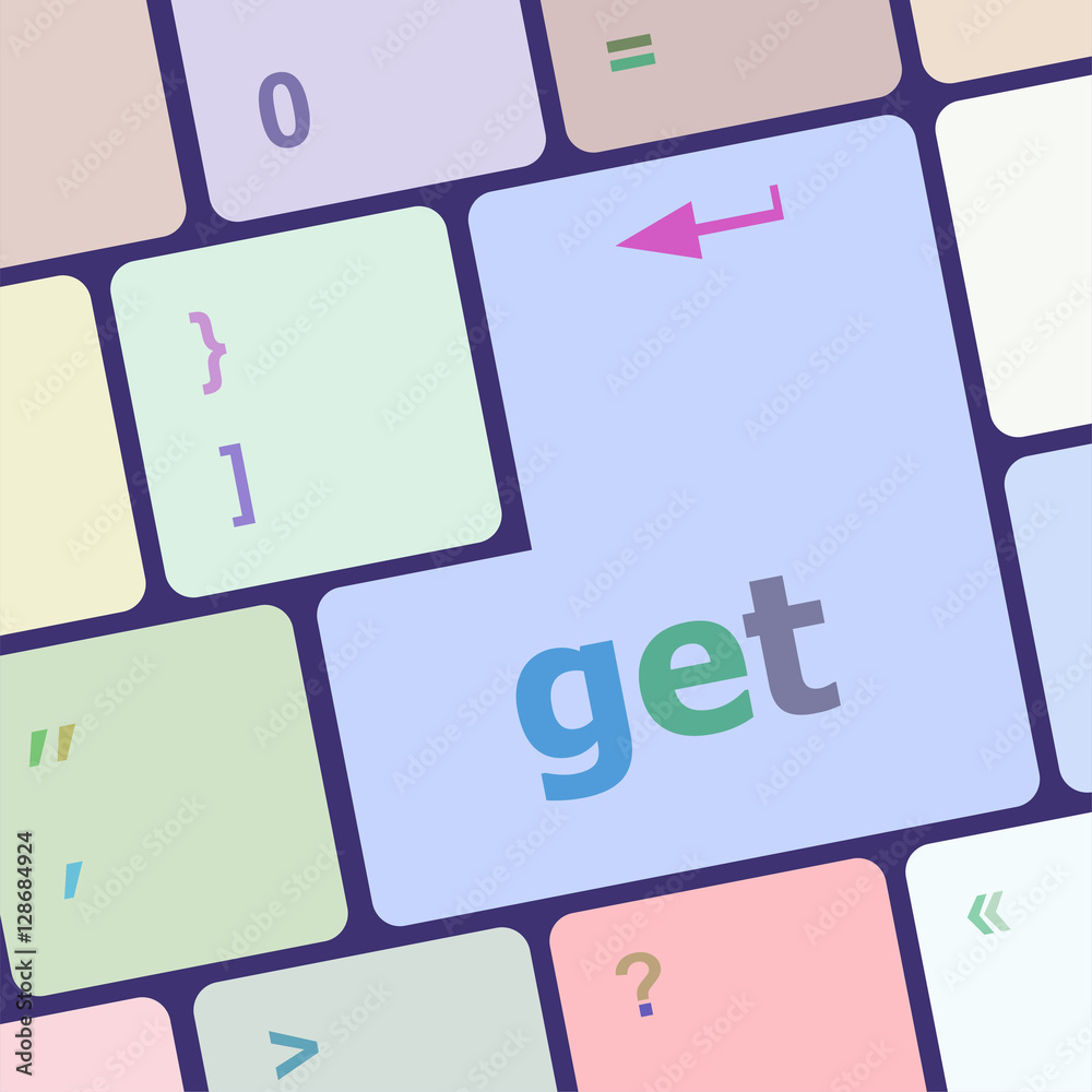 Poster A keyboard with a key reading get. Keyboard keys icon button