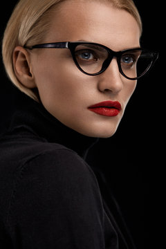 Fashion Makeup Model With Red Lips And Black Eyeglasses Frame
