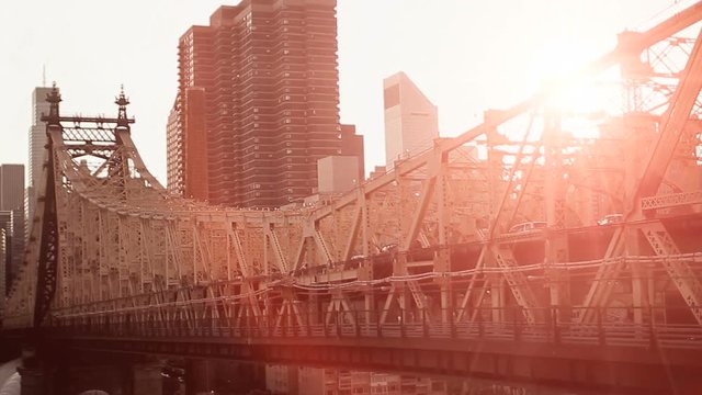aerial view of bridge at sunset.