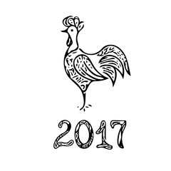 Fototapeta premium Christmas Rooster. Hand drawn line art vector. Black and white.