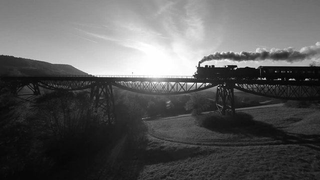 retro scenery of steam locomotive crossing bridge. black and white silhouette.