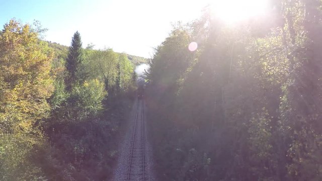 flying over steam engine locomotive. forest trees woods background