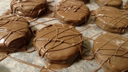 Homemade chocolate covered cookies drizzled in more chocolate