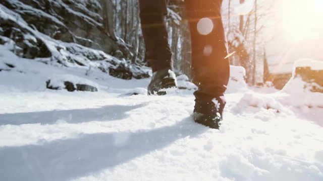 Slow motion winter hiking in snow
