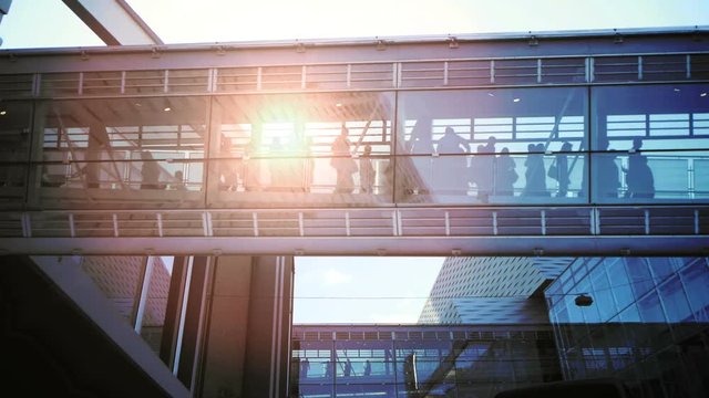 business people walking inside a modern glass building.
