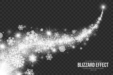 Snow Blizzard Effect on Transparent Background Vector Illustration. Abstract bright white shimmer glowing scatter falling round particles, lights and snowflakes