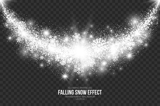 Falling Snow Effect on Transparent Background Vector Illustration. Abstract bright white shimmer glowing scatter round particles, lights and snowflakes