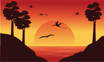 On the river dinosaur pterodactyl scenery © kongvector