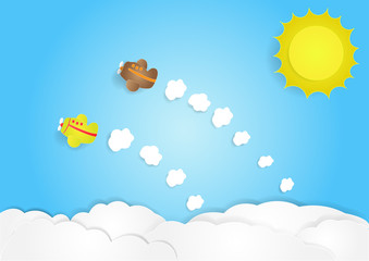 plane fly in sky with cloud, vector, copy space for text, illustration, paper art and origami style, children book cover